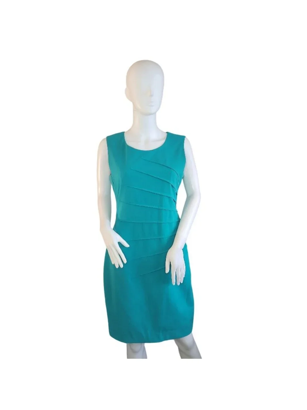 Calvin Klein Sleeveless Sheath Dress Teal Blue Textured Pleats Womens Size 8